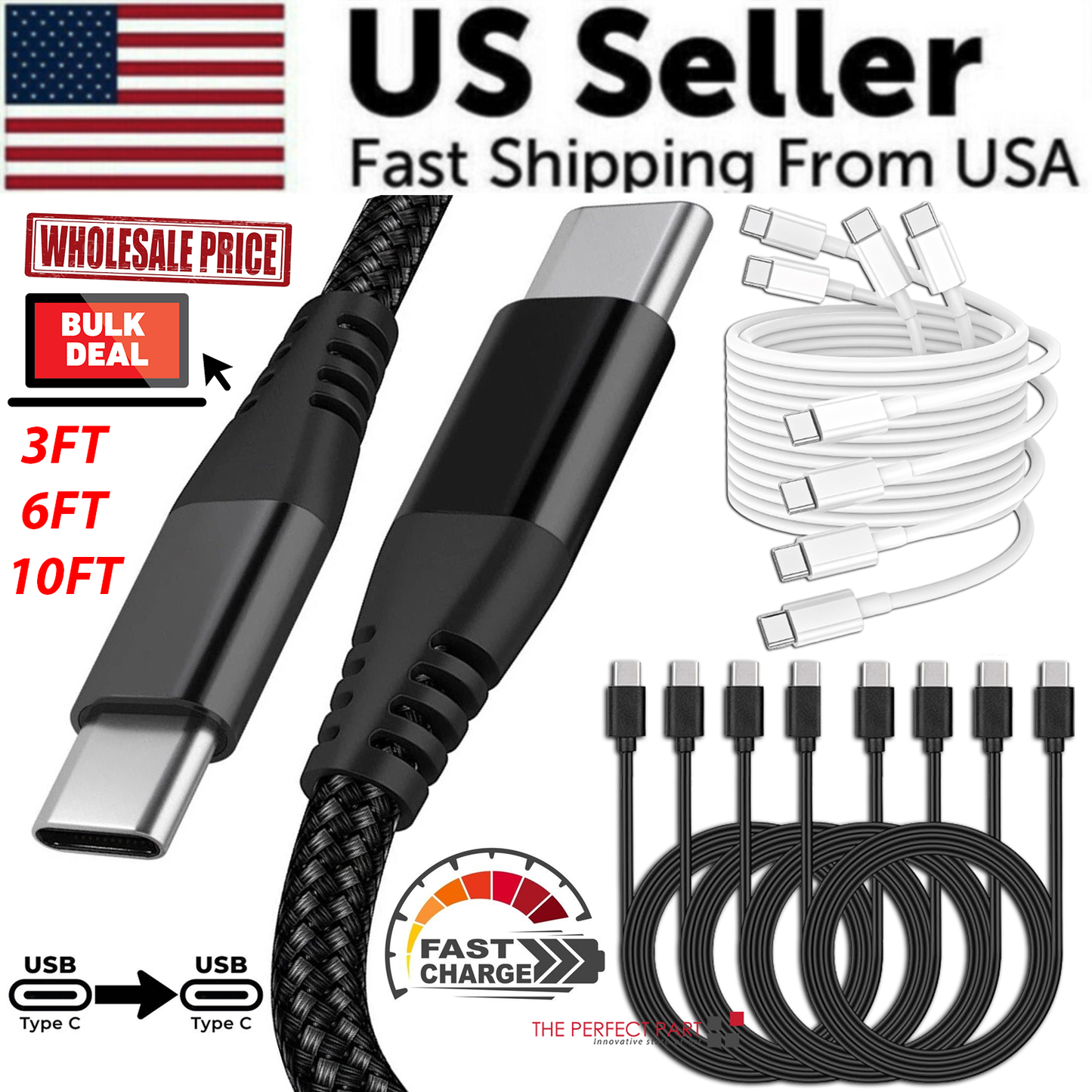 Cable trenzado USB C Tipo-C de carga rápida sincronización de datos cargador cable de 3/6/10FT Lote